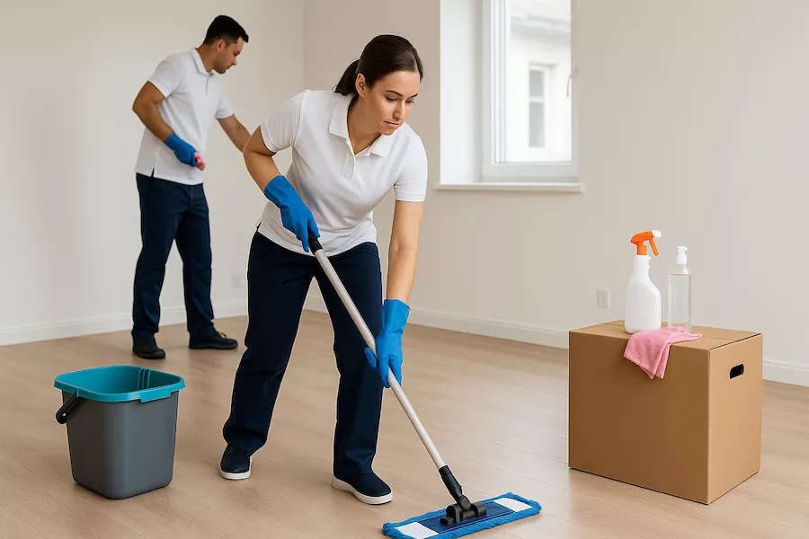 “Städpersonal rengör tom bostad inför flytt – symboliserar professionell flyttstädning med fokus på noggrannhet, hygien och förberedelse inför besiktning eller inflyttning”